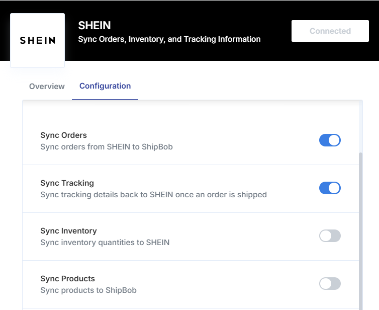 SHEIN configuration page showing sync toggles for Orders, Tracking, Inventory, and Products