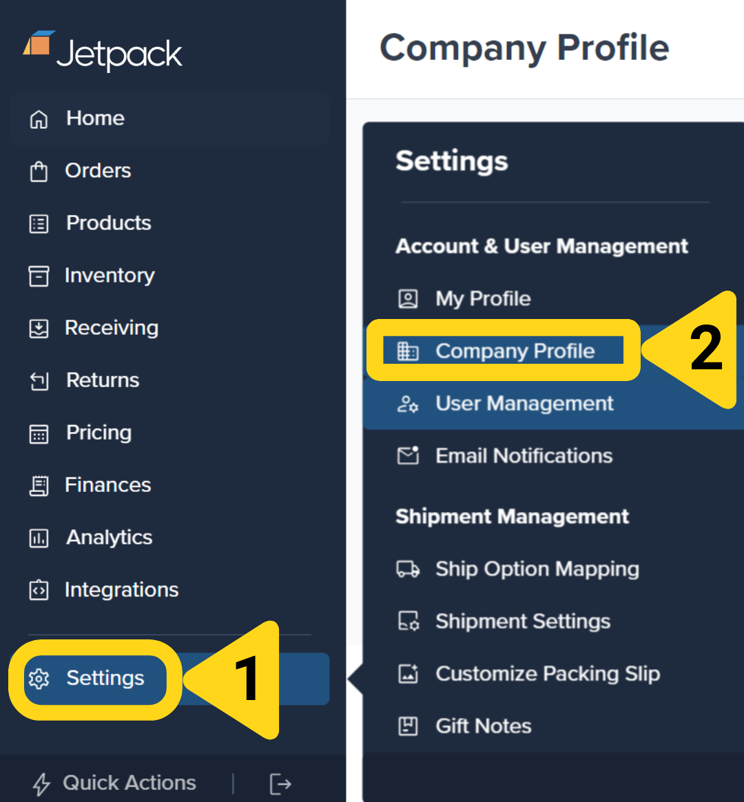 Settings navigation to Company Profile