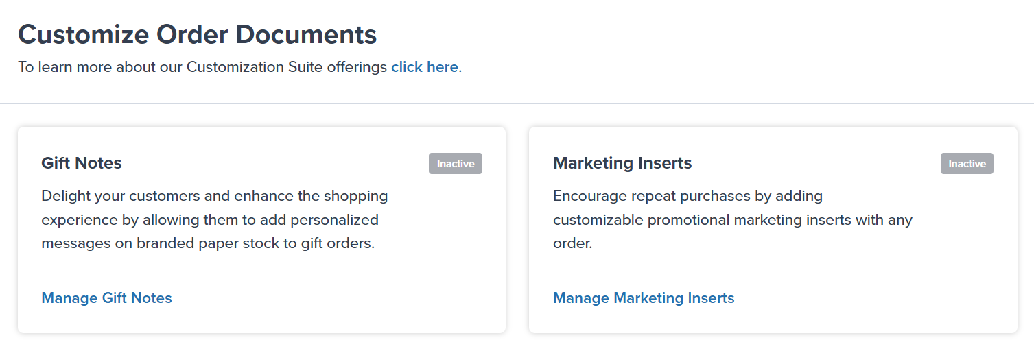 Customize Order Documents page showing gift notes and marketing inserts status