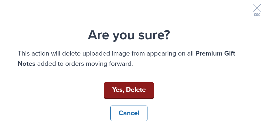 Confirmation dialog asking Are you sure? with explanation that deleting will remove image from Premium Gift Notes and Yes, Delete button