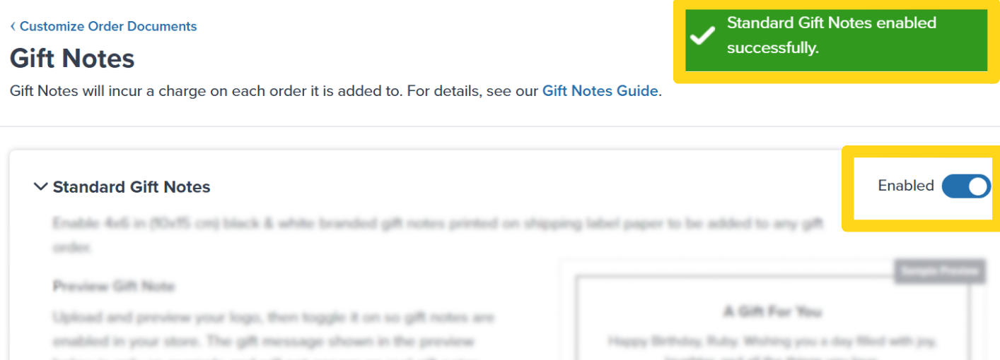 Gift Notes settings page with Enabled toggle