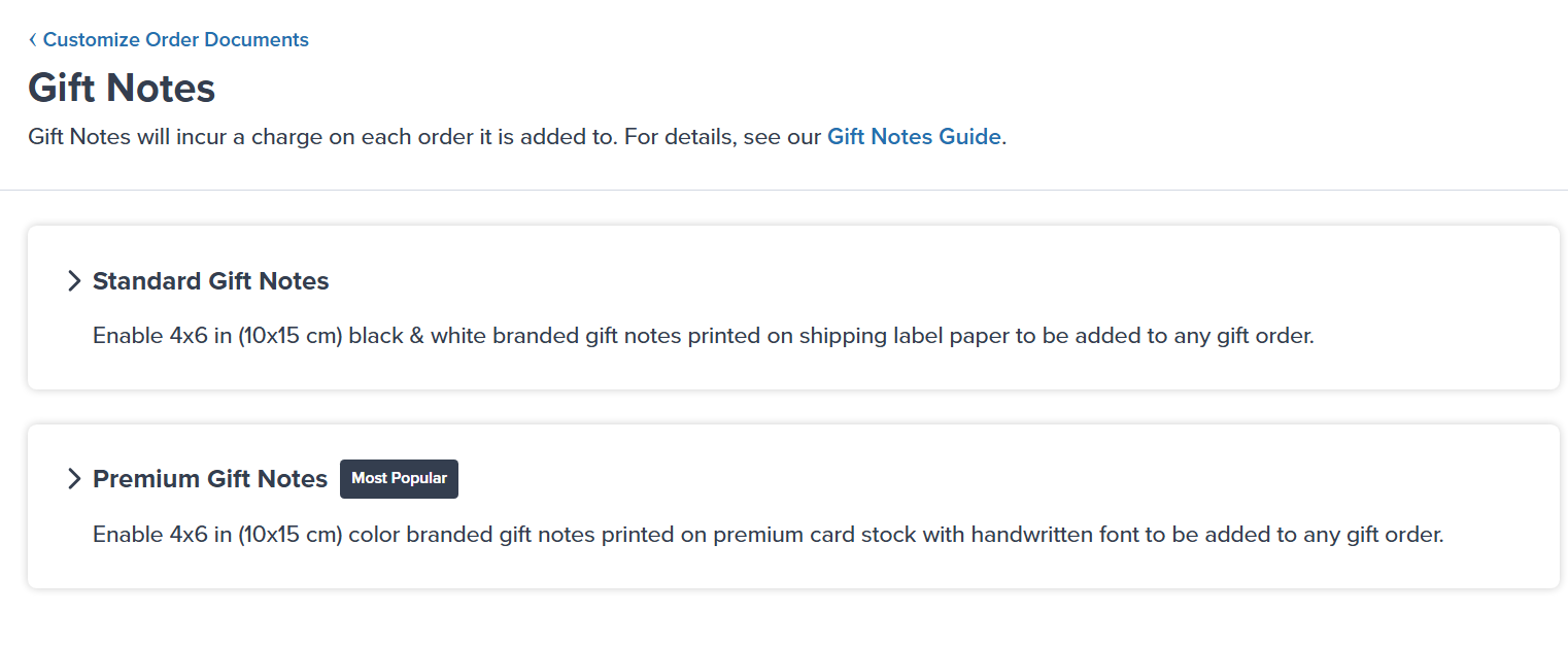 Gift Notes page showing Standard and Premium options