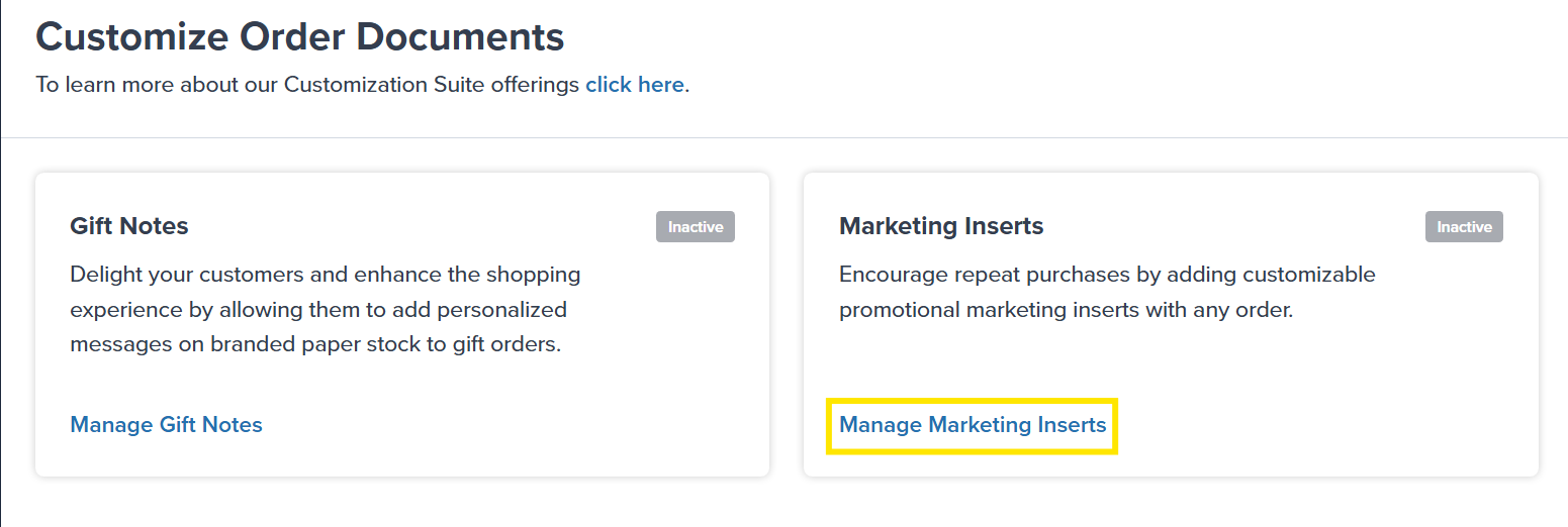 Customize Order Documents page with Manage Marketing Inserts link highlighted