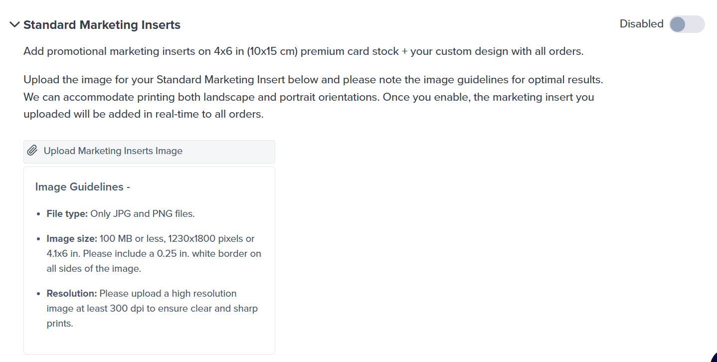 Standard Marketing Insert panel with Upload Marketing Inserts Image button and image guidelines