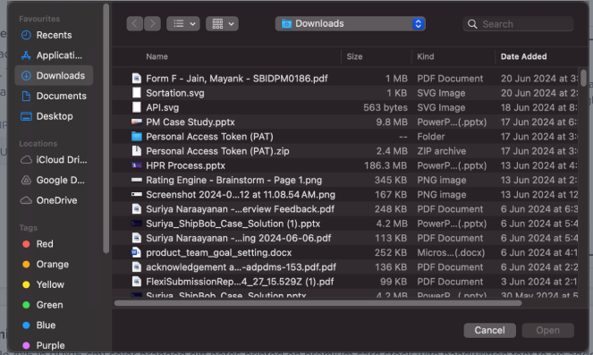 File selection dialog showing available files to upload for marketing insert