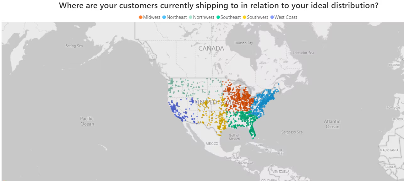 Map visualization showing customer order destinations across US regions with color-coded dots