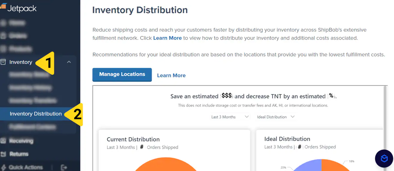 Jetpack dashboard showing Inventory menu expanded with Inventory Distribution highlighted