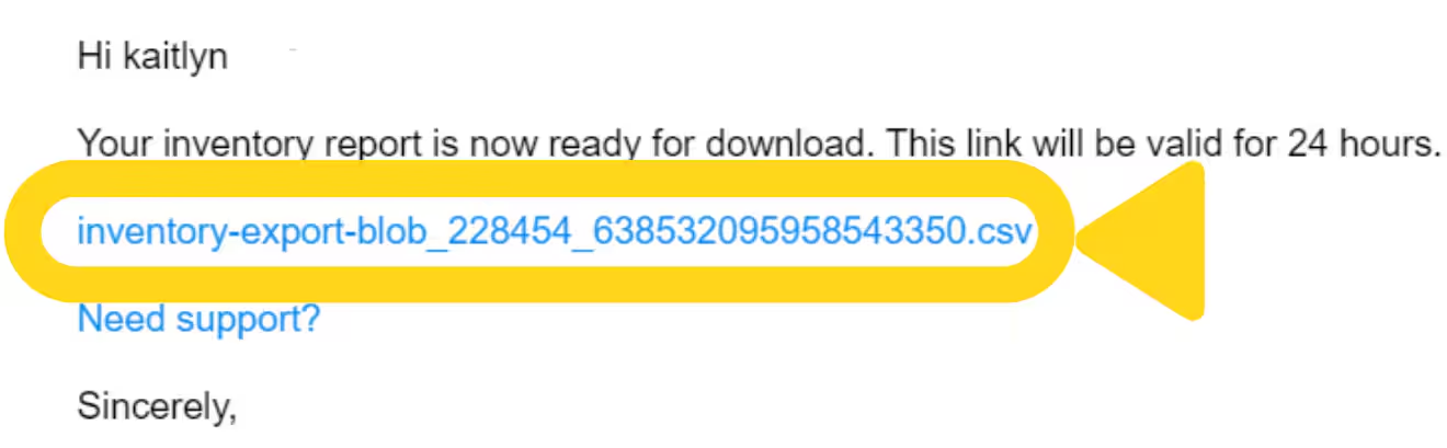 Email confirmation showing inventory export download link with 24-hour validity
