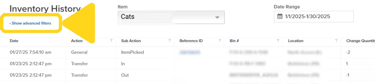 Show Advanced Filters hyperlink at top of Inventory History page