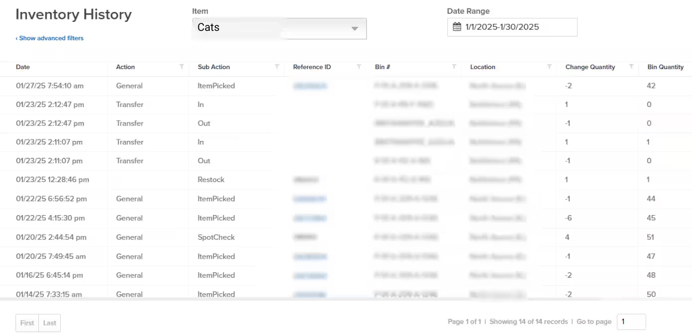 Inventory history table showing adjustment records with all column details