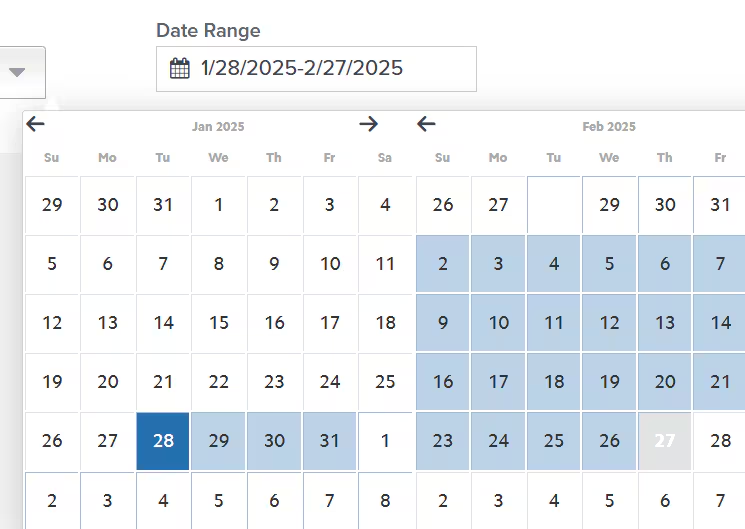 Calendar picker showing date range selection
