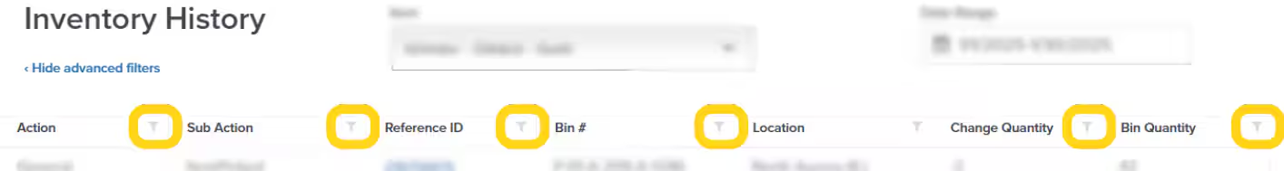 Funnel icon for filtering inventory history columns