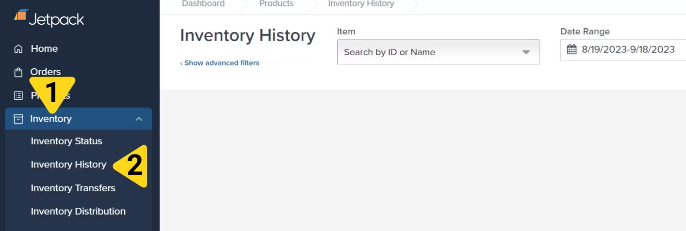 Navigation showing Inventory expanded with Inventory History option highlighted