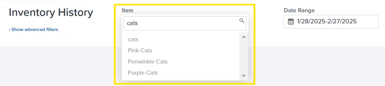 Item dropdown menu showing search field and product list
