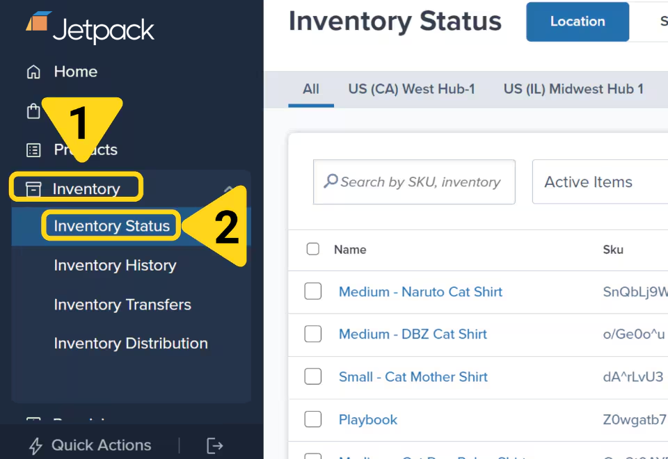 Jetpack dashboard navigation showing Inventory menu options including Inventory Status, Inventory History, Inventory Transfers, Inventory Distribution, and Fulfillment Centers