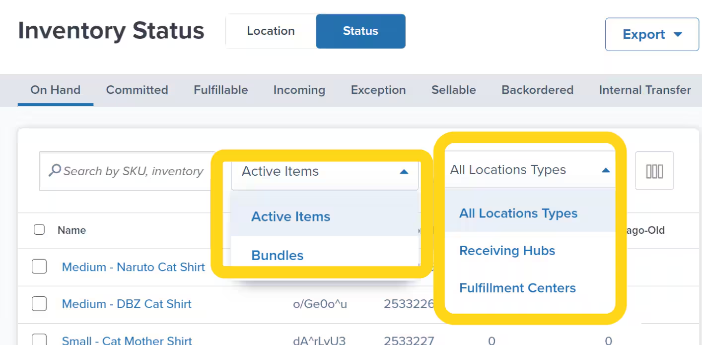 Inventory Status page showing filter dropdowns for Active Items/Bundles and All Locations Types with options for Receiving Hubs and Fulfillment Centers