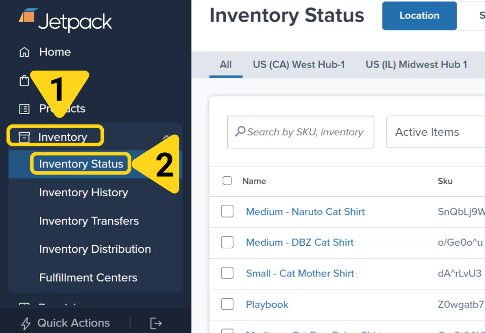 Jetpack dashboard navigation showing Inventory menu expanded with Inventory Status option highlighted