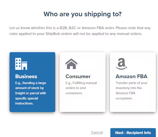 Order type selection screen showing Business, Consumer, and Amazon FBA options