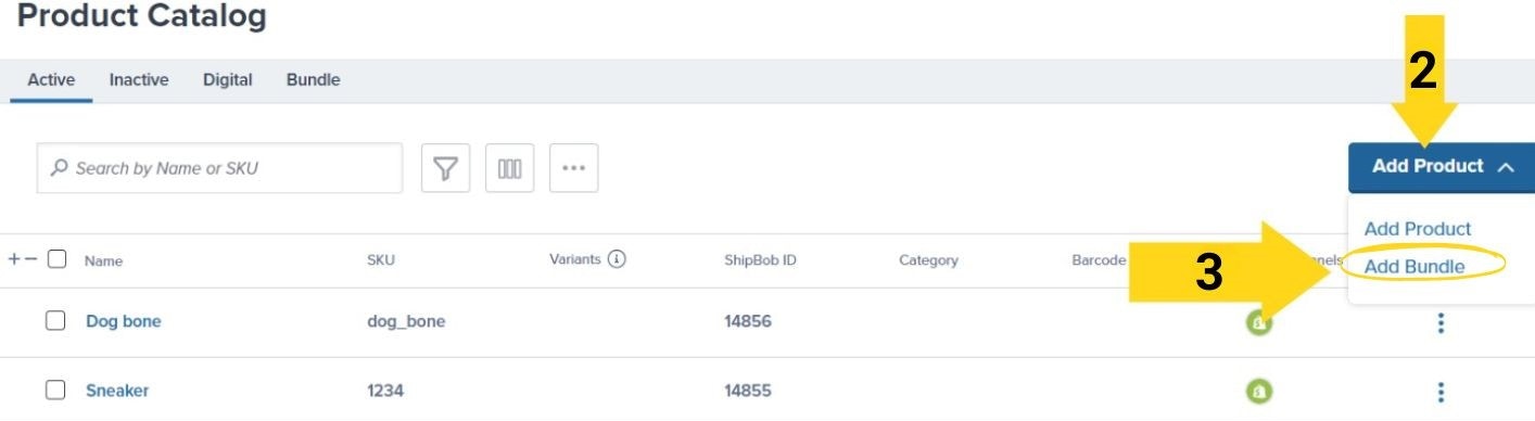Add Product dropdown menu with Add Bundle option highlighted