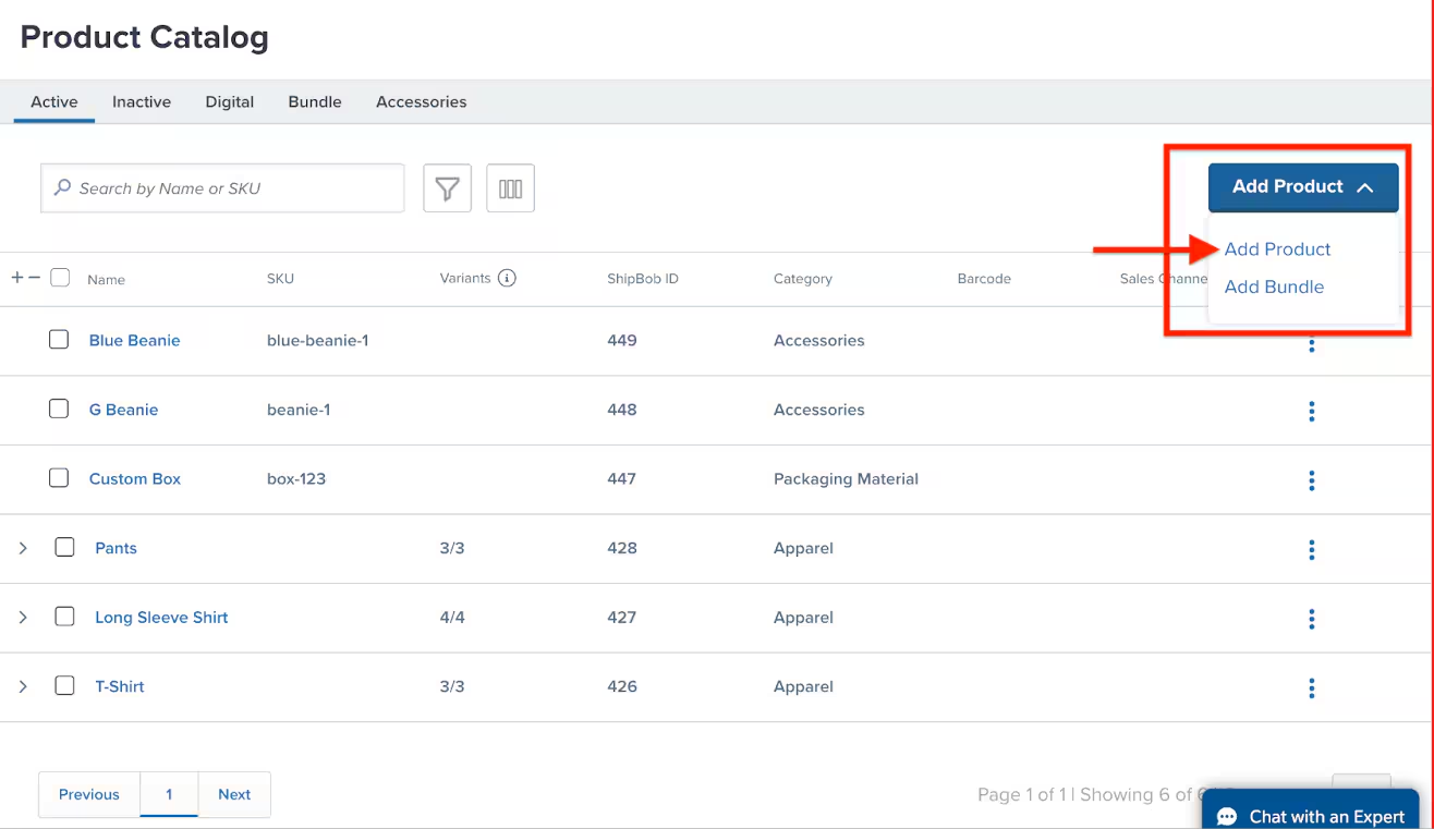 Add Product dropdown button showing Add Product and Add Bundle options
