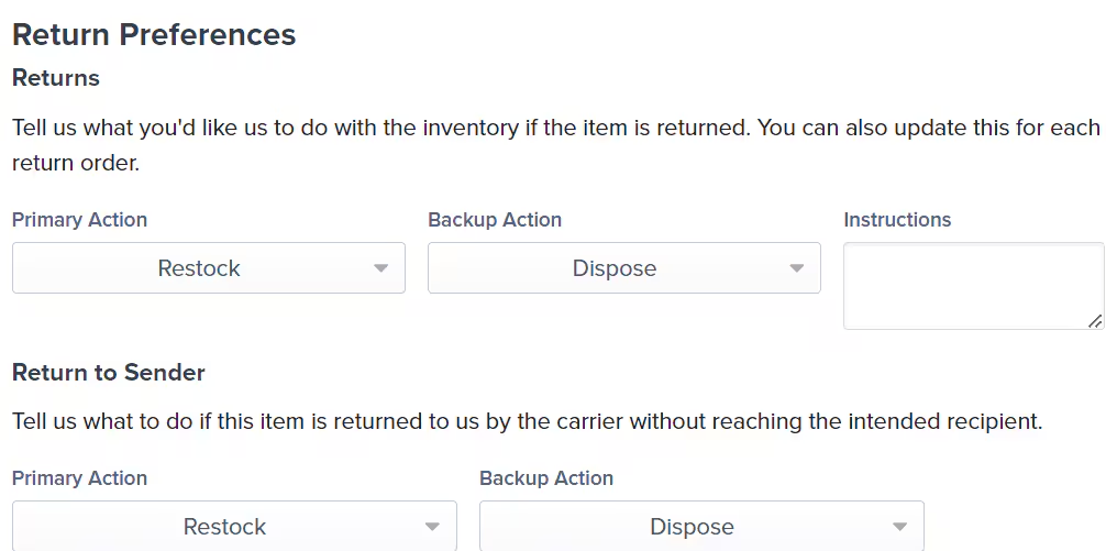 Return Preferences section showing Returns and Return to Sender fields with Primary Action, Backup Action, and Instructions options