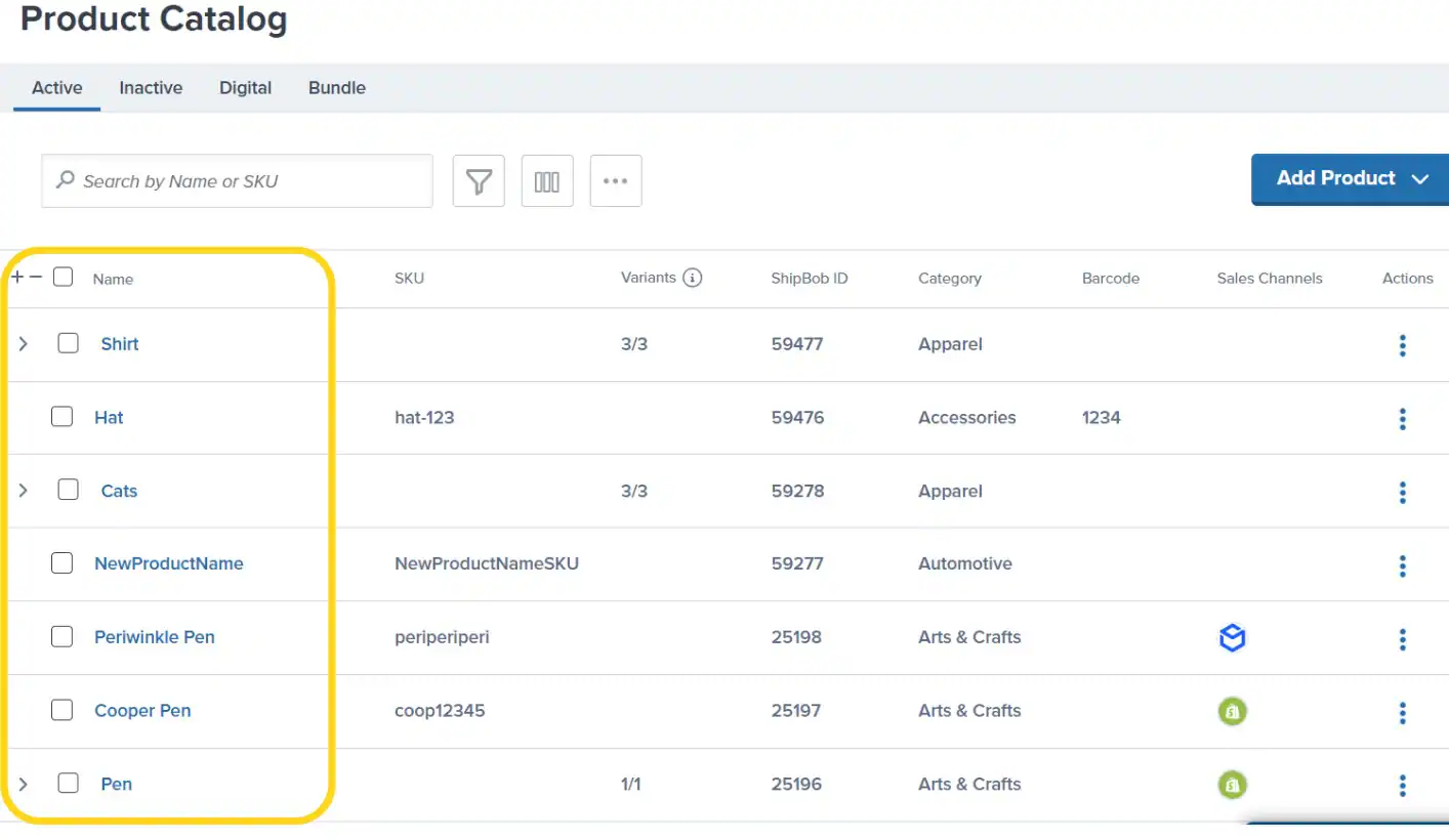 Product Catalog showing search bar, filter tabs, and product name list
