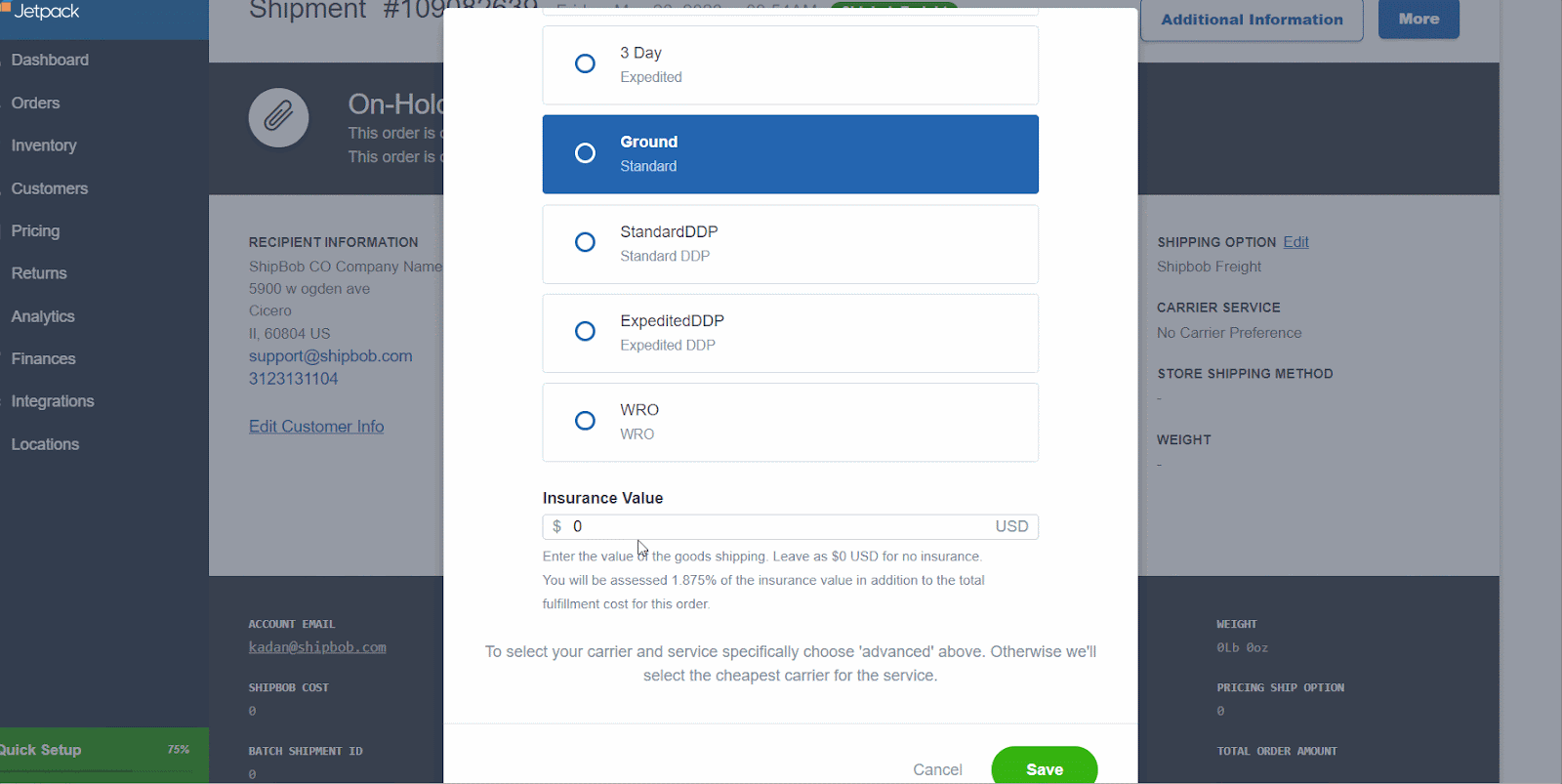 Shipping Option selection dialog showing Insurance Value field at bottom