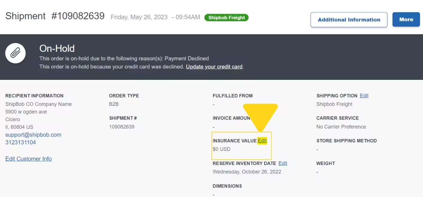 B2B Order Details page showing Insurance Value field with Edit link highlighted