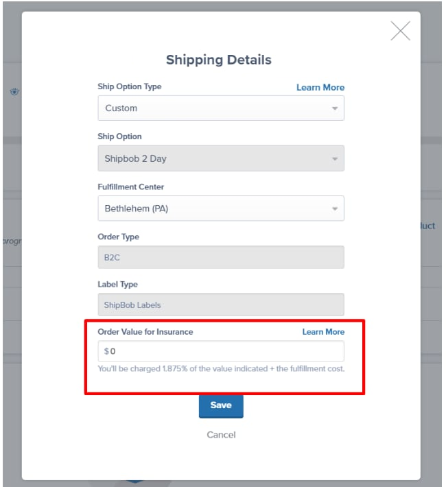 Shipping Details pop-up dialog showing Order Value for Insurance field with pricing information