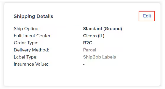 ShipBob Shipping Details tile showing Edit button in top right corner
