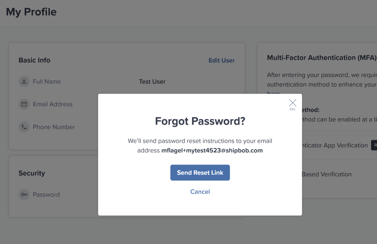 Forgot Password dialog showing email address field and Send Reset Link button