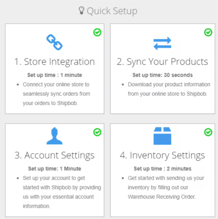 Quick Setup menu showing setup options including Sync Your Products