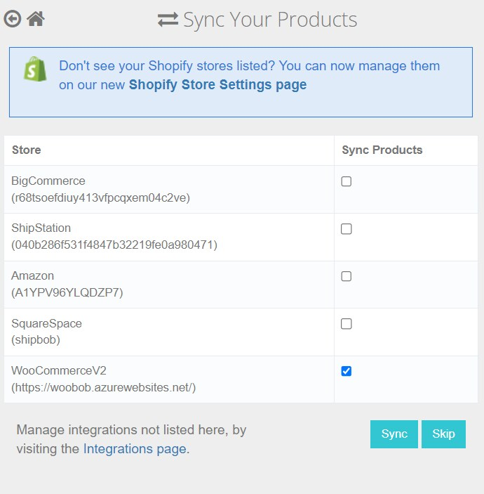 Product sync dialog showing store list with checkboxes to select which stores to sync from