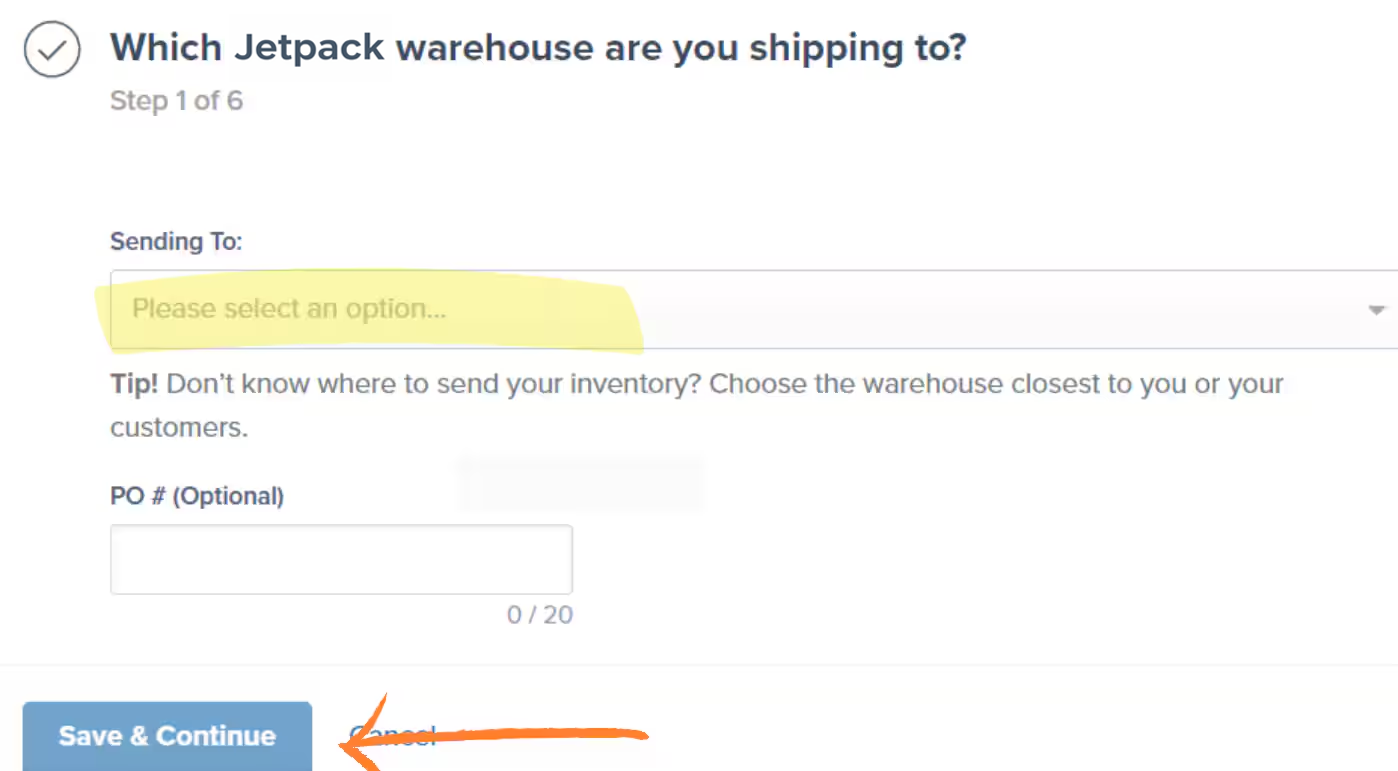 WRO creation screen showing fulfillment center selection dropdown