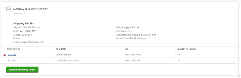 WRO progress timeline showing receiving stages from arrival to completion