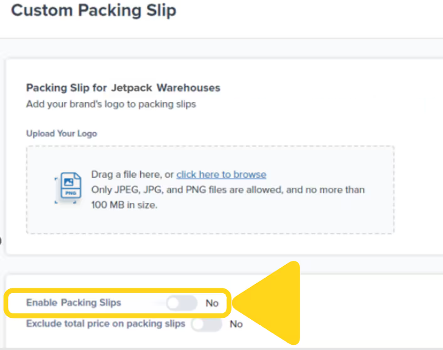 Customize Packing Slip page showing Enable B2C Packing Slips toggle