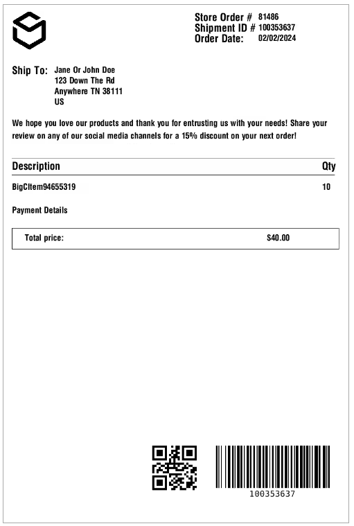 Sample packing slip showing default Jetpack logo