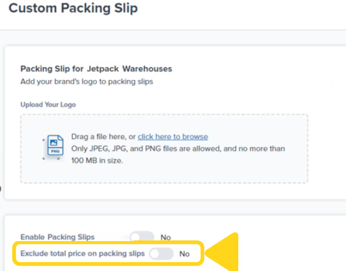Customize Packing Slip page showing Exclude total price toggle