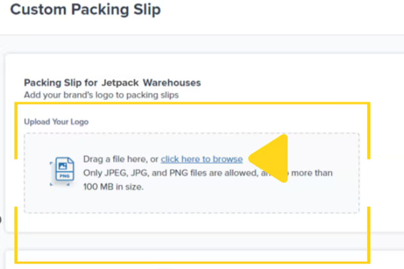 Customize Packing Slip page with logo upload area showing dotted box and browse link