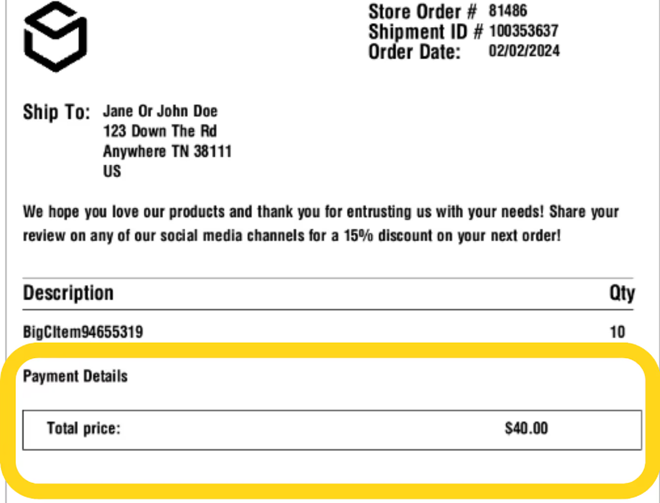 Packing slip showing Payment Details section with Total price highlighted