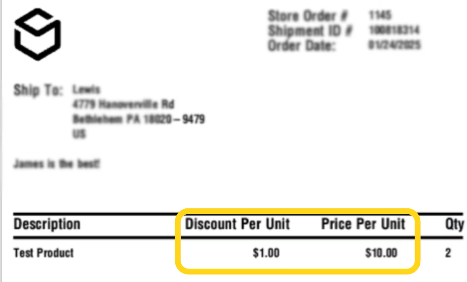 Packing slip showing SKU-level pricing with Discount Per Unit and Price Per Unit columns