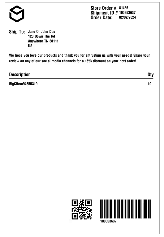 Sample packing slip with payment details removed