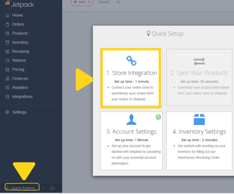 Dashboard showing Quick Actions button at bottom of navigation menu