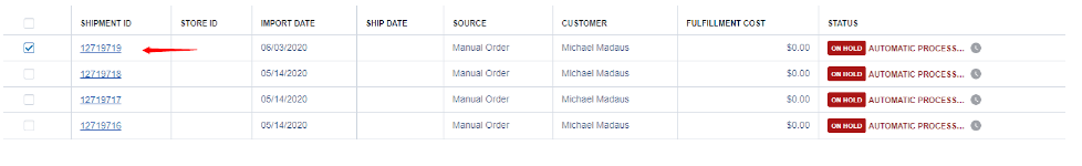 Orders page showing selected orders with ON HOLD status