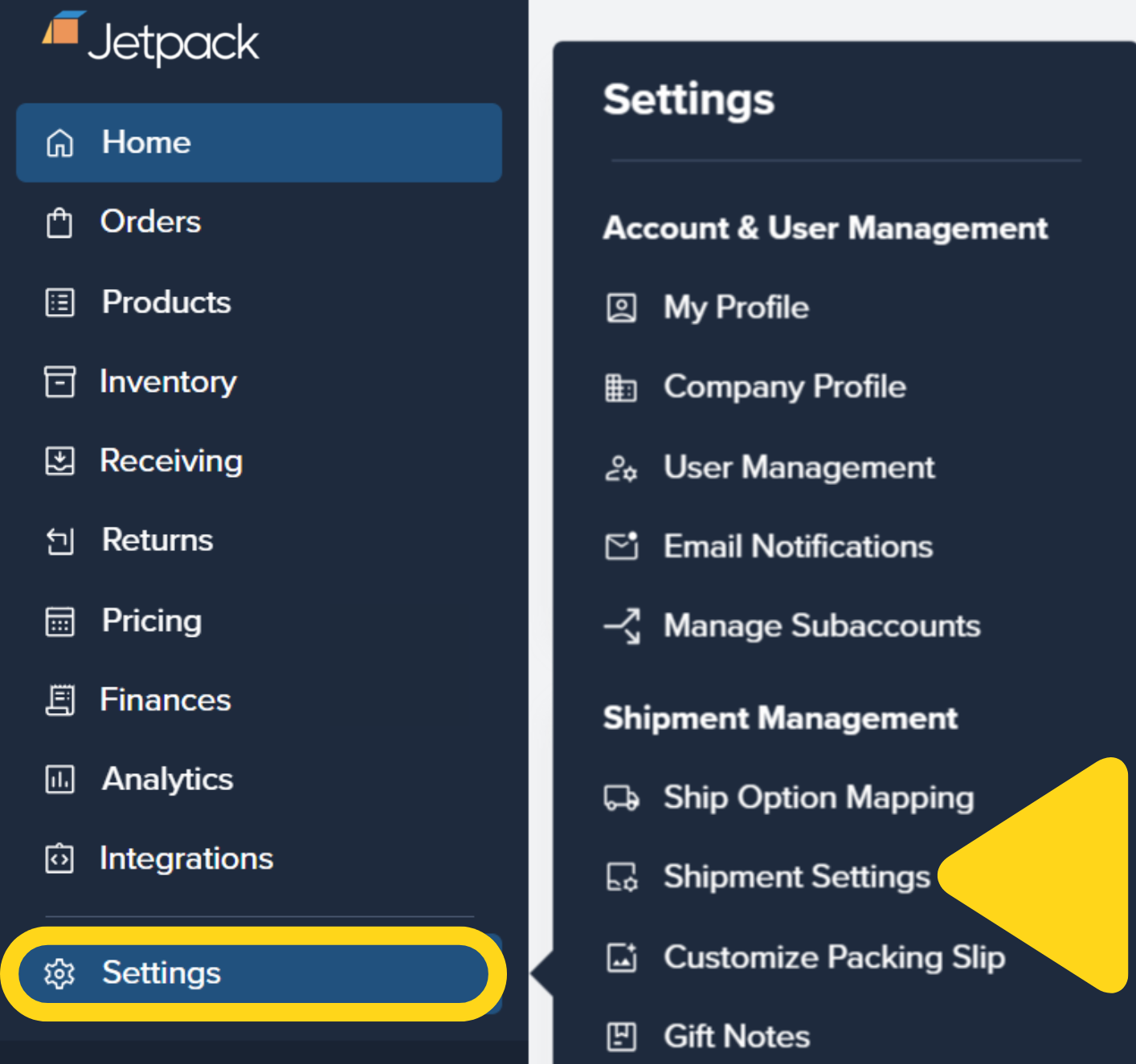 Settings menu with Shipment Settings option highlighted
