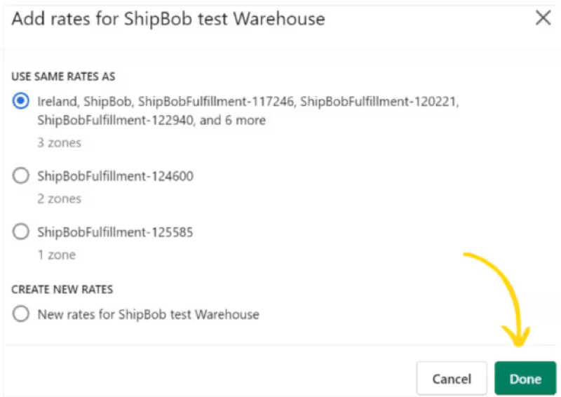 Add rates dialog for ShipBob fulfillment location showing rate options