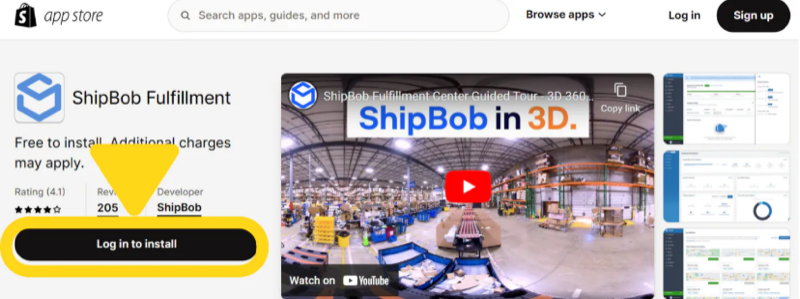 Shopify App Store page showing ShipBob Fulfillment app with Log in to install button