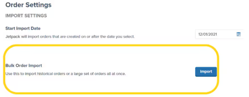 Order Settings showing Bulk Order Import section with Import button