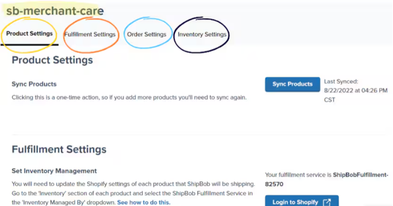 Shopify integration configuration page showing Product Settings, Fulfillment Settings, Order Settings, and Inventory Settings tabs