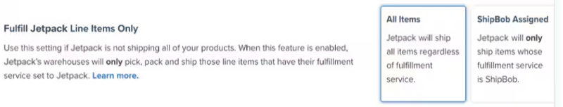 Fulfill ShipBob Line Items Only setting showing All Items vs ShipBob Assigned options
